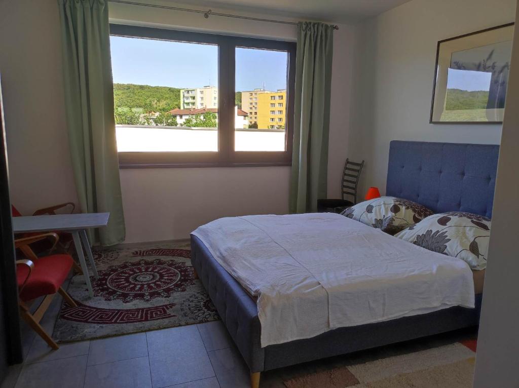 - une chambre avec un lit et une grande fenêtre dans l'établissement Mezadler, à Košice