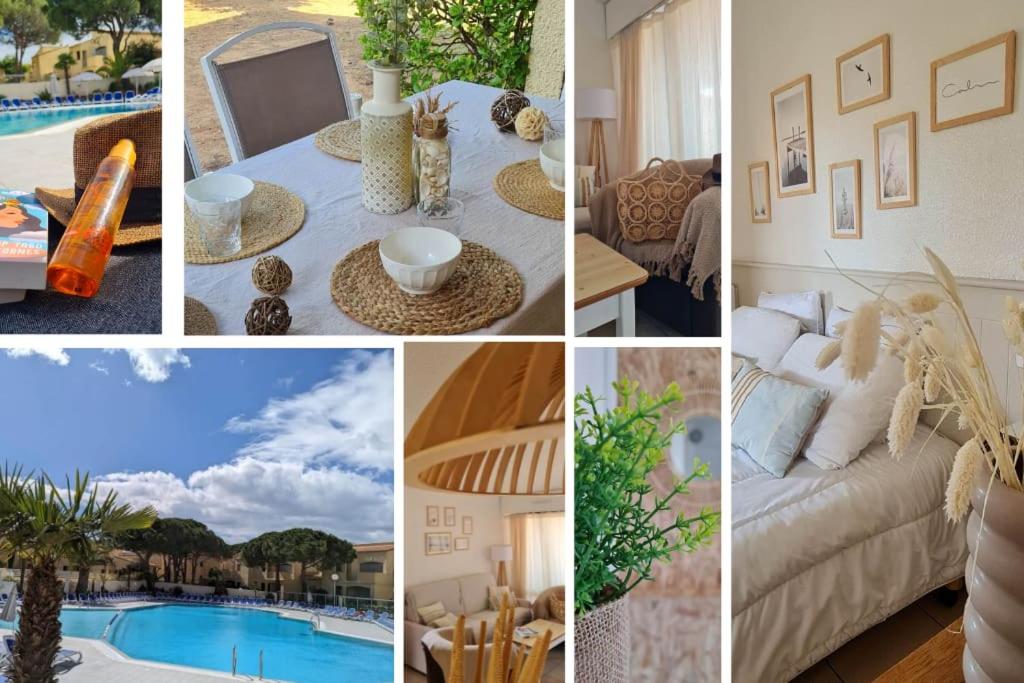 un collage de photos d'un salon et d'une piscine dans l'établissement T3 clim piscine chauffée proche de la plage parking dans village vacances, au Cap d'Agde
