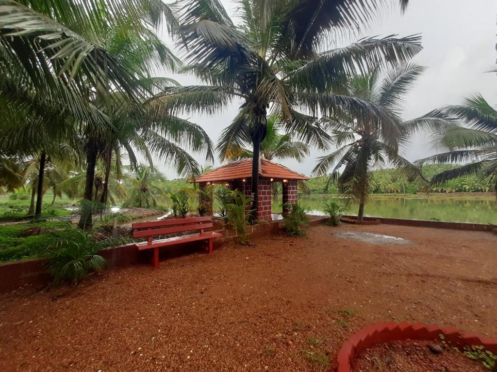 a park with a bench and a palm tree at Bekal Village Homestay in Kāsaragod