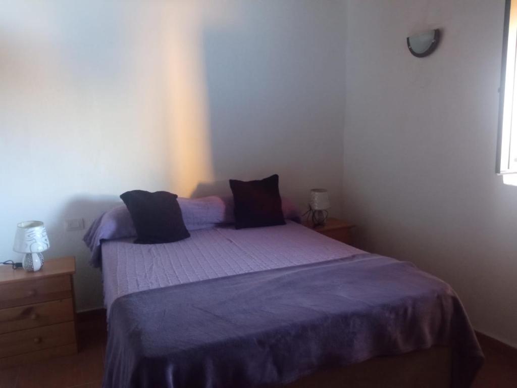 1 dormitorio con 1 cama con edredón azul en Casita con vista a la montaña en Icod de los Vinos