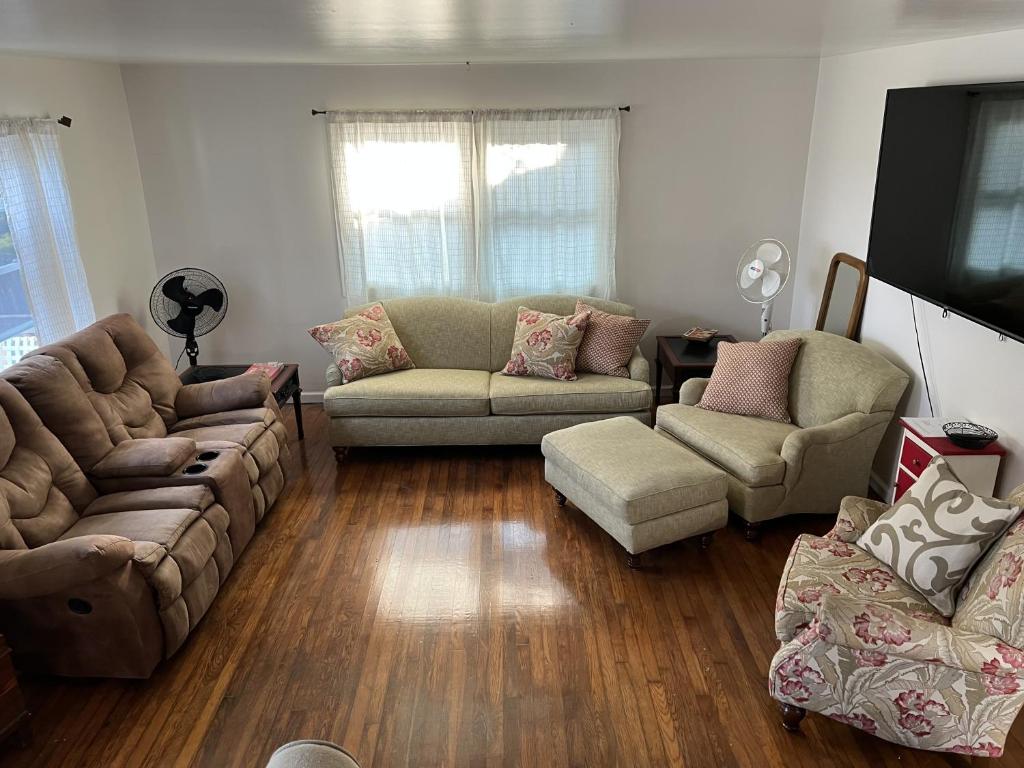 a living room with two couches and a tv at Water Front Oasis home in Norfolk