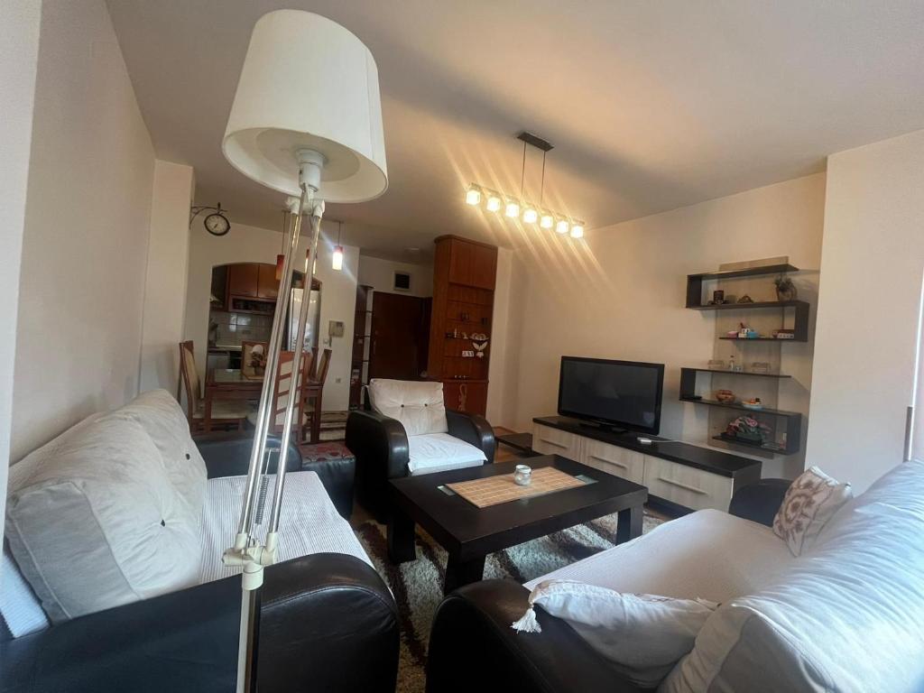 ein Wohnzimmer mit einem Sofa und einem Tisch in der Unterkunft Center flat in Skopje