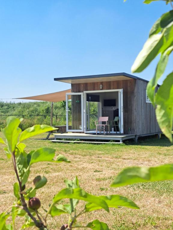 una pequeña casa de madera con puerta de cristal en De Weitens Valkenswaard, en Valkenswaard