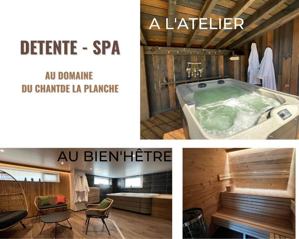 eine Collage mit drei Bildern einer Badewanne in der Unterkunft Domaine du Chant de la Planche - SPA - Hautes Vosges in Saulxures-sur-Moselotte