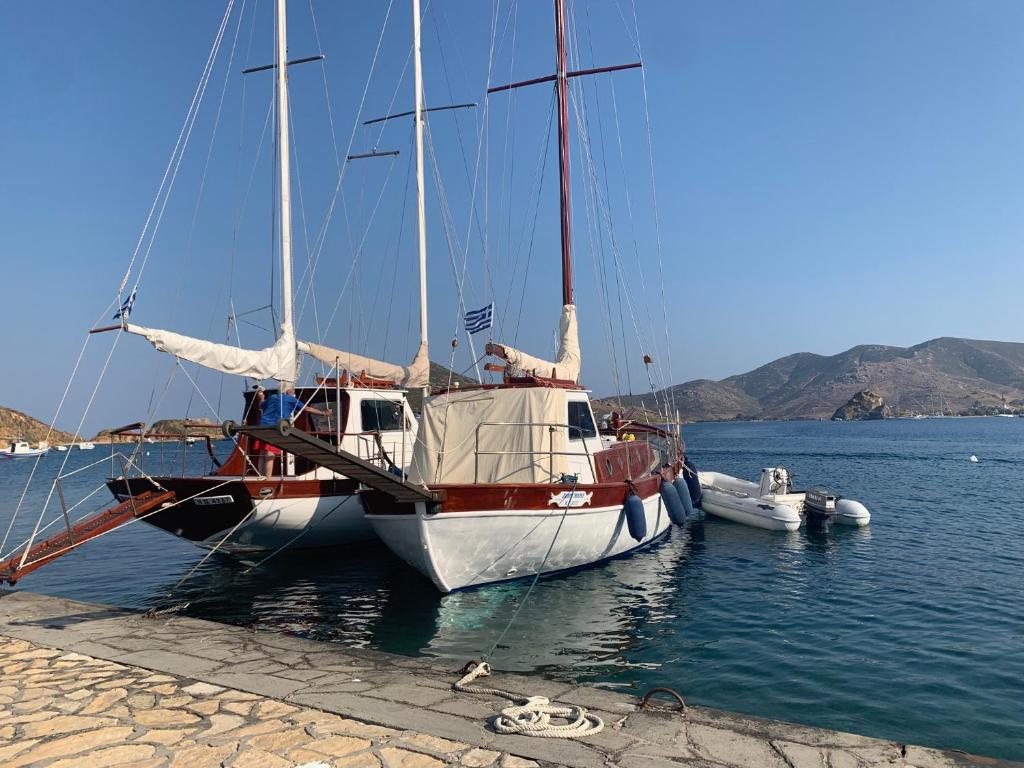 two boats are docked at a dock in the water at Golden Sun Hotel Patmos in Patmos