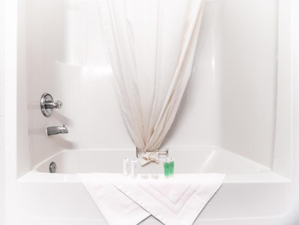 a white bath tub with a shower curtain at Mountain View Inn in Canmore