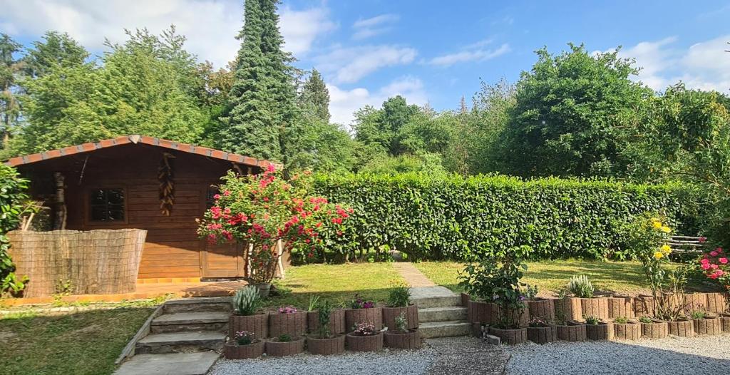 einen Garten mit einem Holzhaus und ein paar Blumen in der Unterkunft Ferienwohnung Dachshübel in Saarbrücken