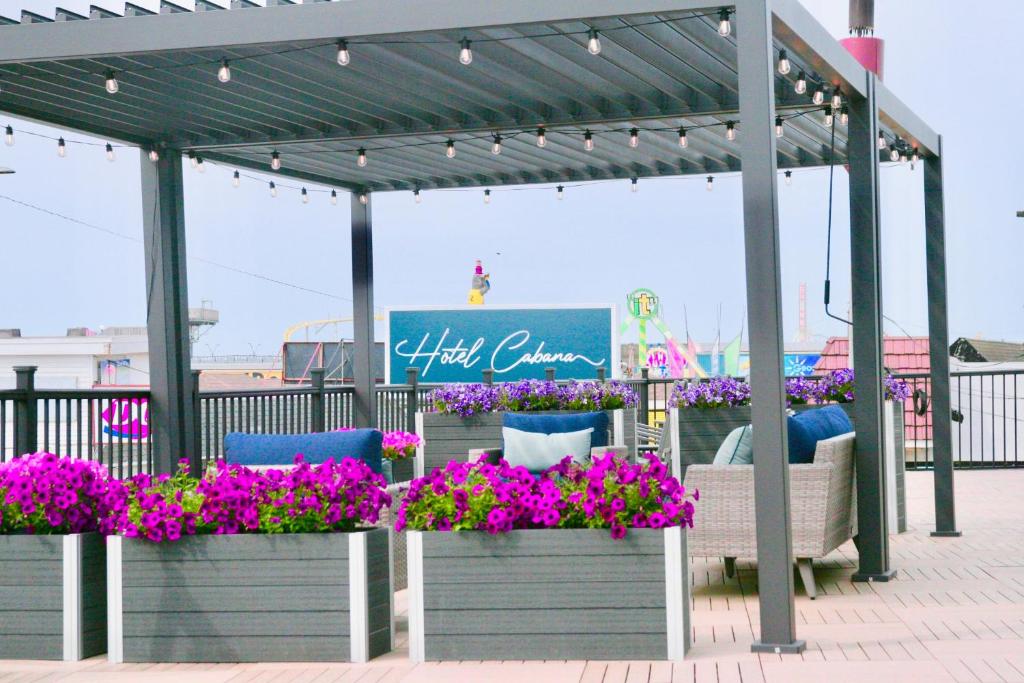 Hotel Cabana Oceanfront/Boardwalk في وايلدوود: شرفة مع الزهور الأرجوانية على الرصيف