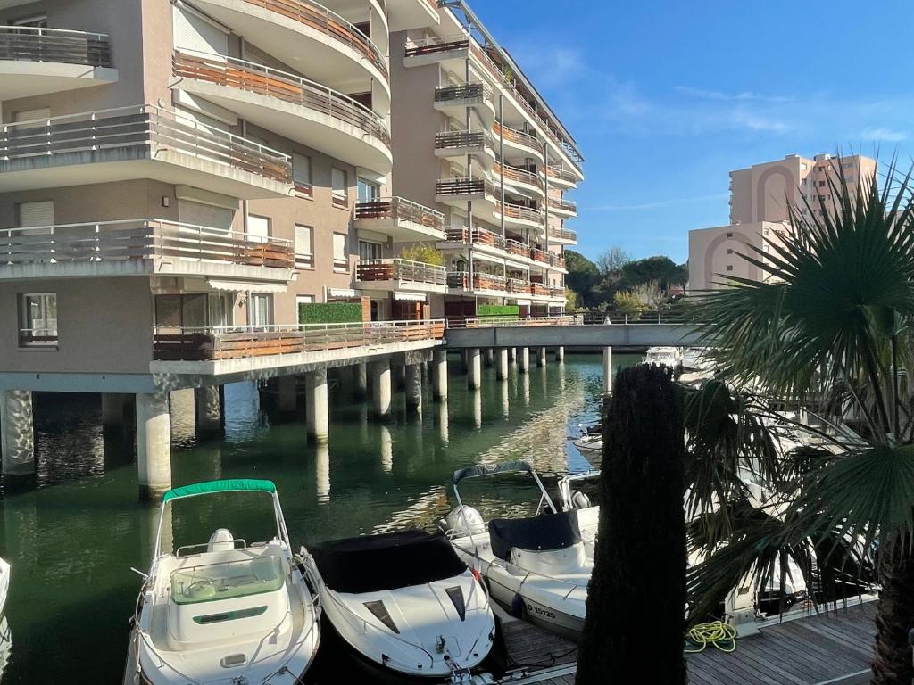 un groupe de bateaux amarrés à côté d'un bâtiment dans l'établissement Mandelieu apartment, à Mandelieu-la-Napoule