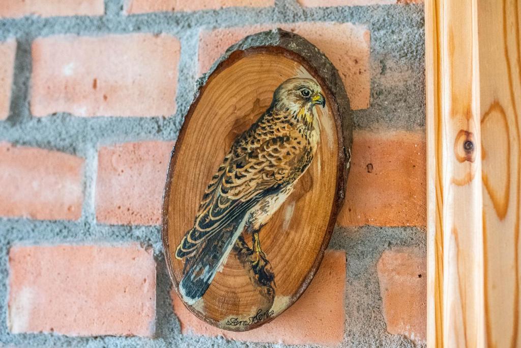 un pájaro sentado en un tazón en una pared de ladrillo en Falkenwohnung, en Gommern