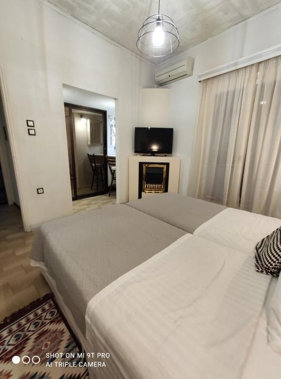 a bedroom with two beds and a tv and a fireplace at Johnny's loft 2 in Agrinio