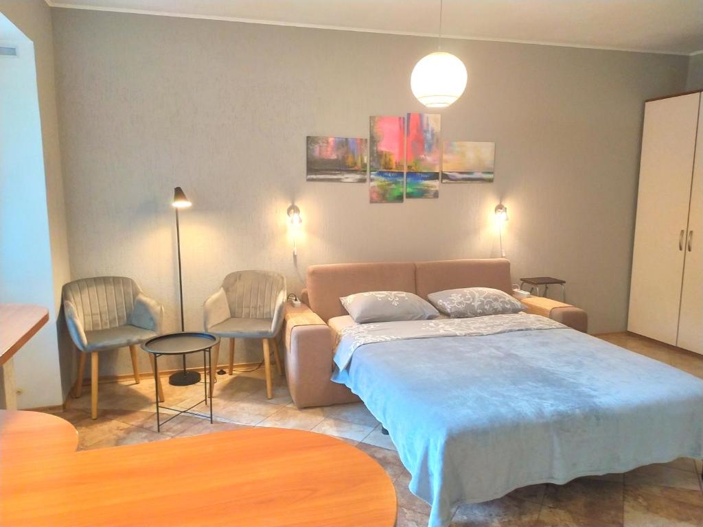 1 dormitorio con cama, sofá y sillas en Great view apartaments near Lavra, en Kiev