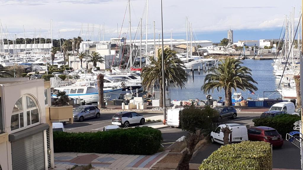 un port de plaisance avec des voitures garées dans un parking dans l'établissement La Marina, à Canet