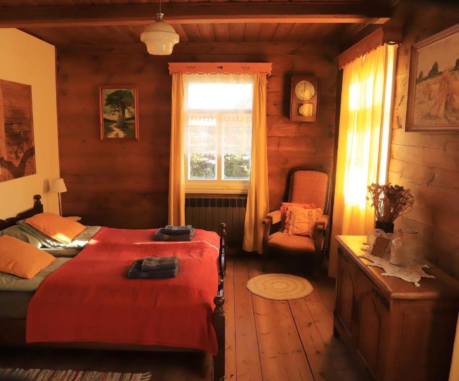 Un dormitorio con una cama roja y una ventana. en INNA BAJKA, en Nowy Berezów
