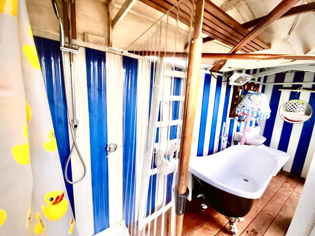 a bathroom with a white sink and a shower at Glamping in Luxury at Little Lytelton Boatique House in  Lyttelton