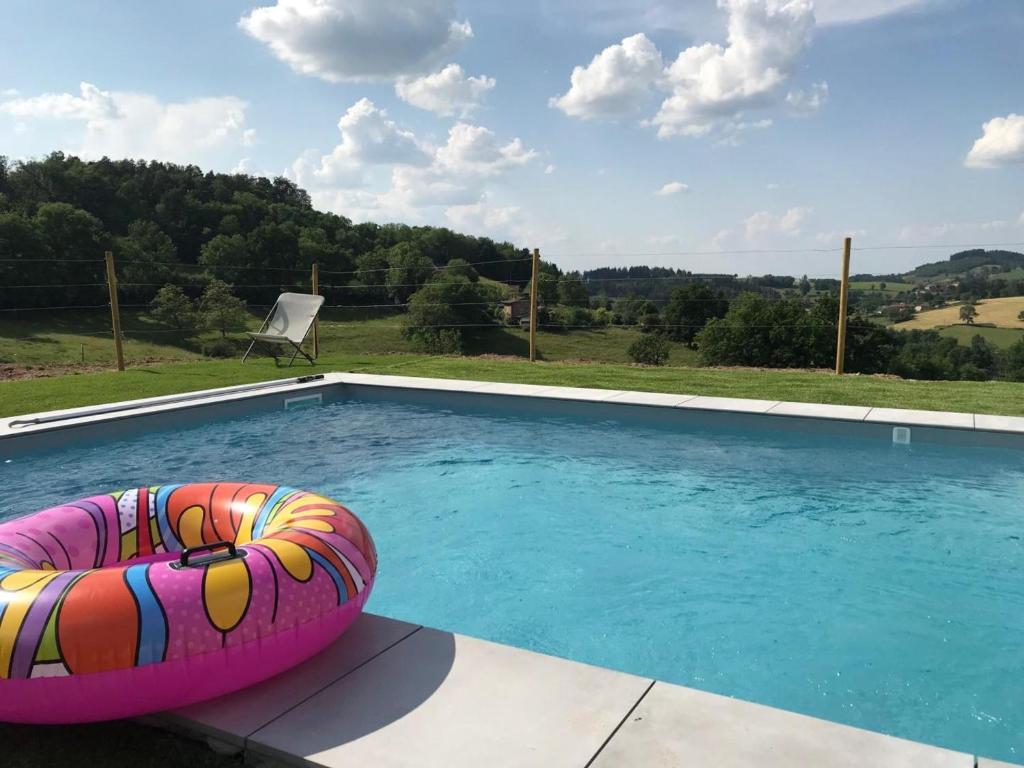 a swimming pool with a inflatable ball and a chair at Gîte Belmont-de-la-Loire, 4 pièces, 5 personnes - FR-1-496-126 in Belmont-de-la-Loire