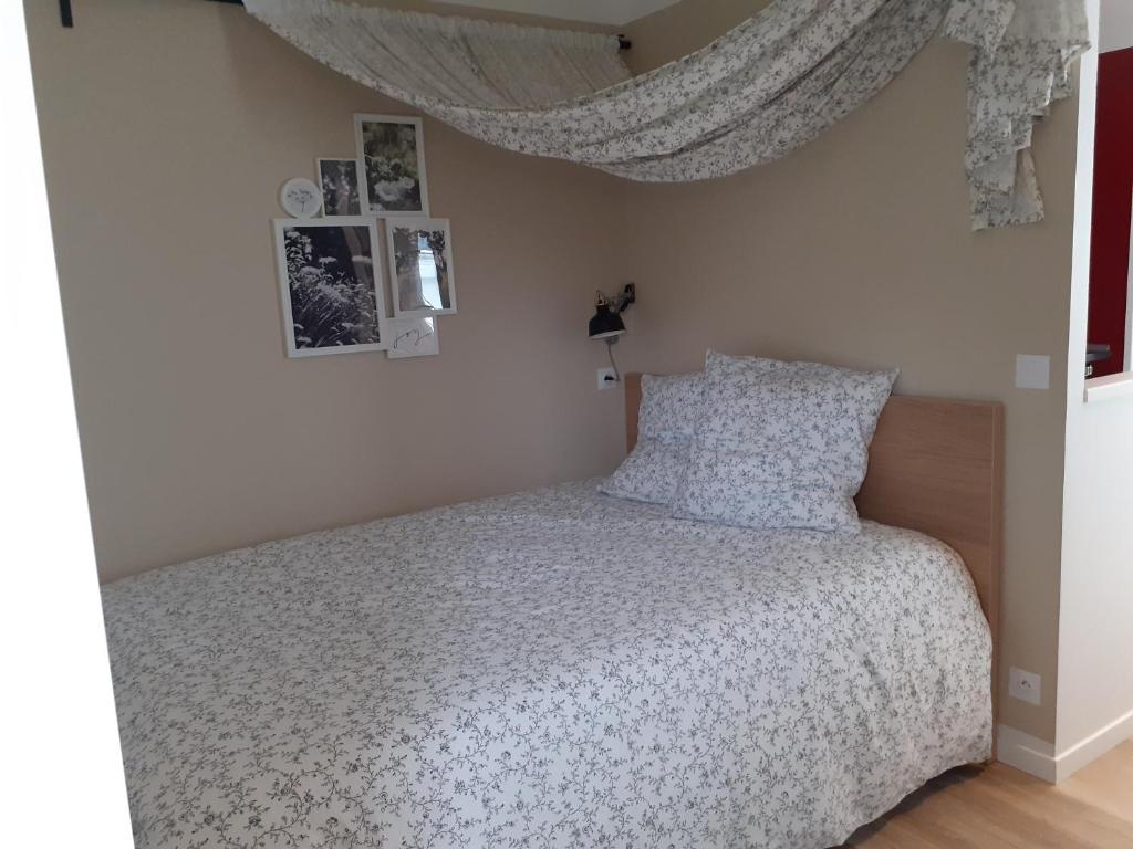 - une chambre avec un lit et un rideau au-dessus dans l'établissement Mini Loft, à Saintes