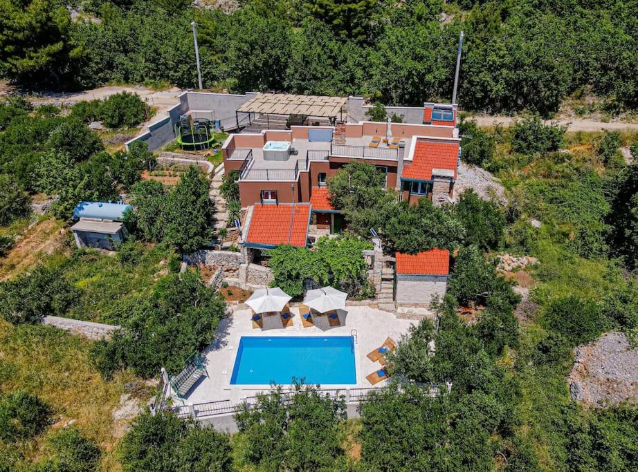 an aerial view of a house with a swimming pool at Betelgeuse in Jesenice