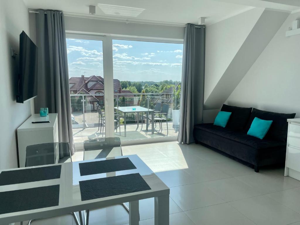 Televízia a/alebo spoločenská miestnosť v ubytovaní Apartamenty AQUA MAZURY