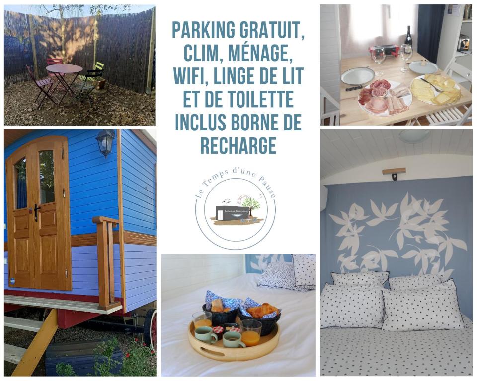 een collage van vier foto's van een tiny house bij Roulotte jusqu'à 2 personnes Le Temps d une Pause en face du Beaujolais - Climatisation et Borne recharge véhicule électrique in Montmerle Sur Saône
