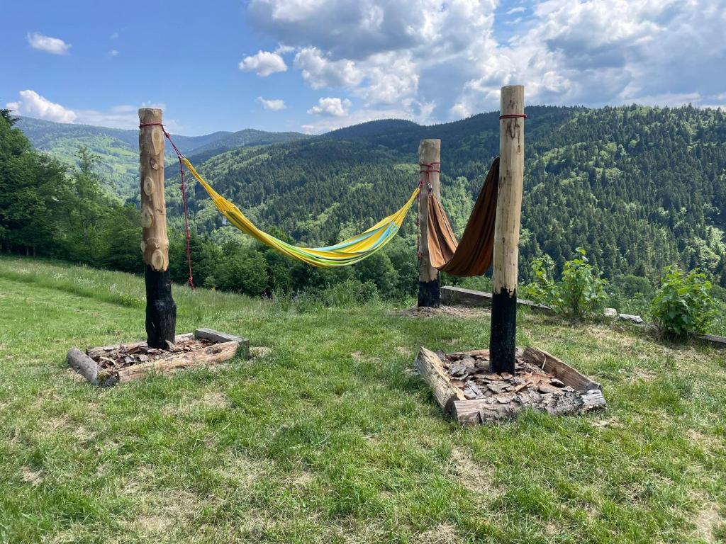 a hammock on top of a hill with a view at Superbe gîte Laugy dans les montagnes d'Ambert in Valcivières