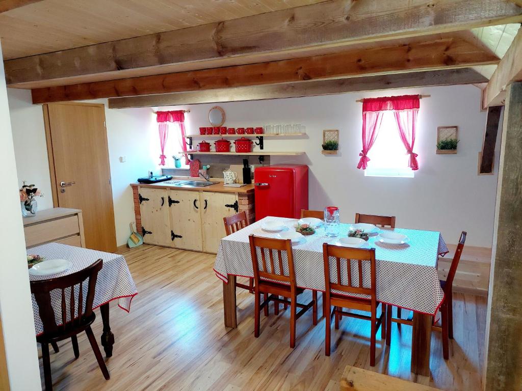 a kitchen with a table and chairs and a red refrigerator at Penzion Felden in Jablonné v Podještědí