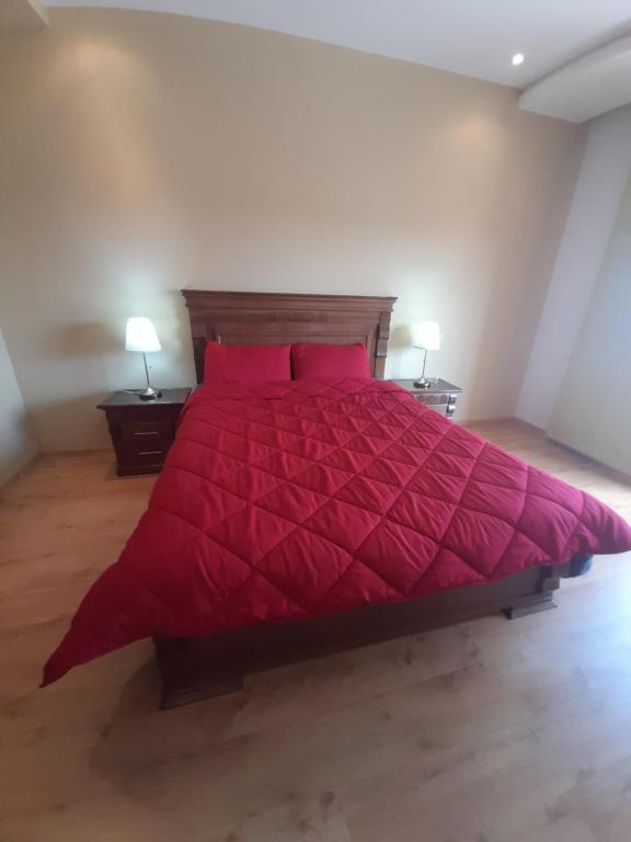 a large red bed in a bedroom with two lamps at Près de l Airopor mohammed 5 in Nouaceur