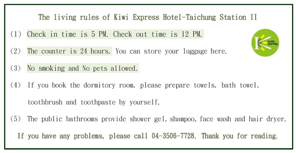 a screenshot of a cell phone screenshot of a text message at Kiwi Express Hotel-Taichung Station II in Taichung