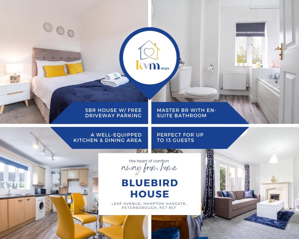 a collage of photos of a bedroom and a bluefield house at KVM Bluebird House for large groups by KVM Stays in Peterborough