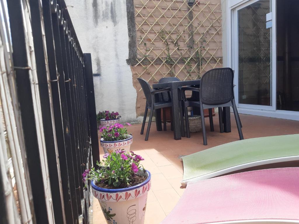 a patio with two potted plants and a table and chairs at Loft-Terraza Laurel in Logroño