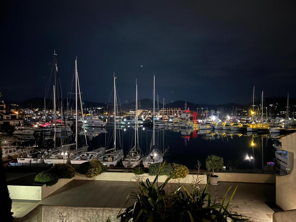 a marina at night with boats in the water at Entre le port et la plage, Golfe de Saint Tropez in Cogolin