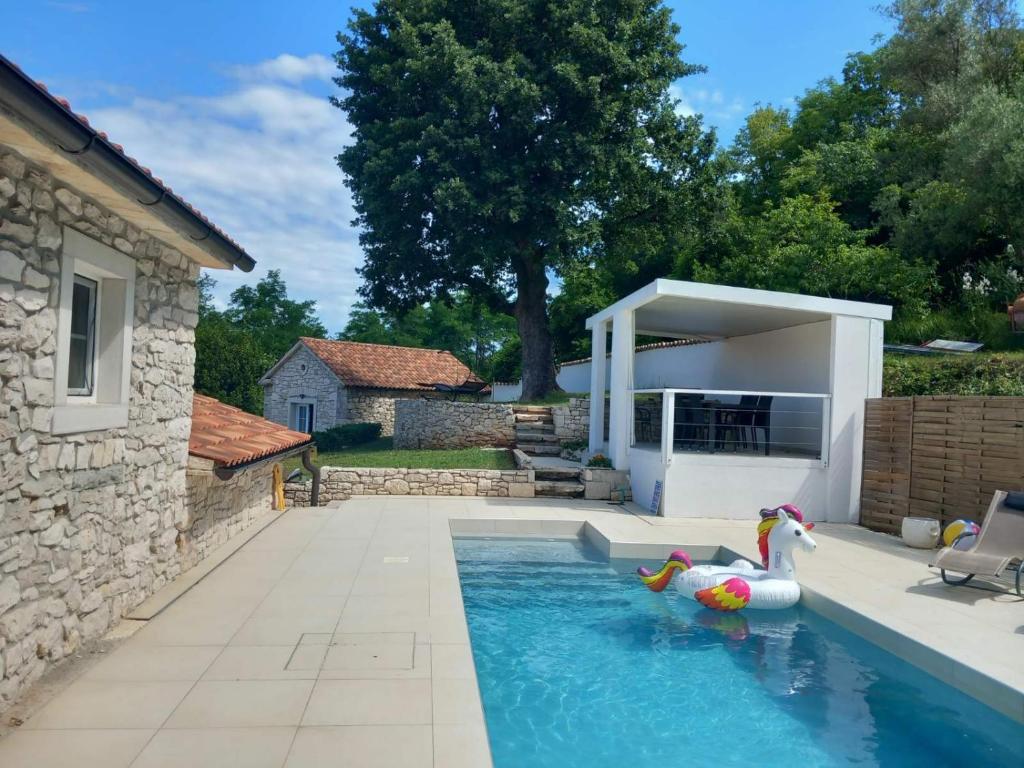 a swimming pool with two inflatable animals in a backyard at Tailor's house in Labin