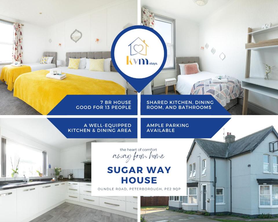 a collage of photos of a bedroom and a house at KVM - Sugar Way House for large groups by KVM Serviced Accommodation in Peterborough
