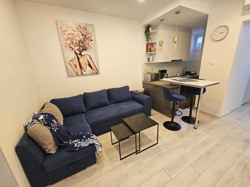 Una sala de estar con un sofá azul y una cocina. en Apartment Oliver, en Rijeka