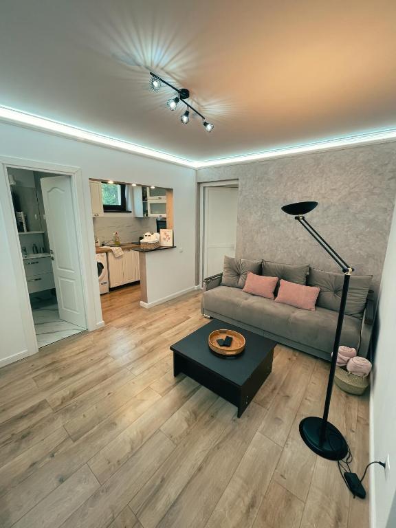 a living room with a couch and a table at Cozy Glen - Private Villa, Parking and BBQ in Târgu-Mureş
