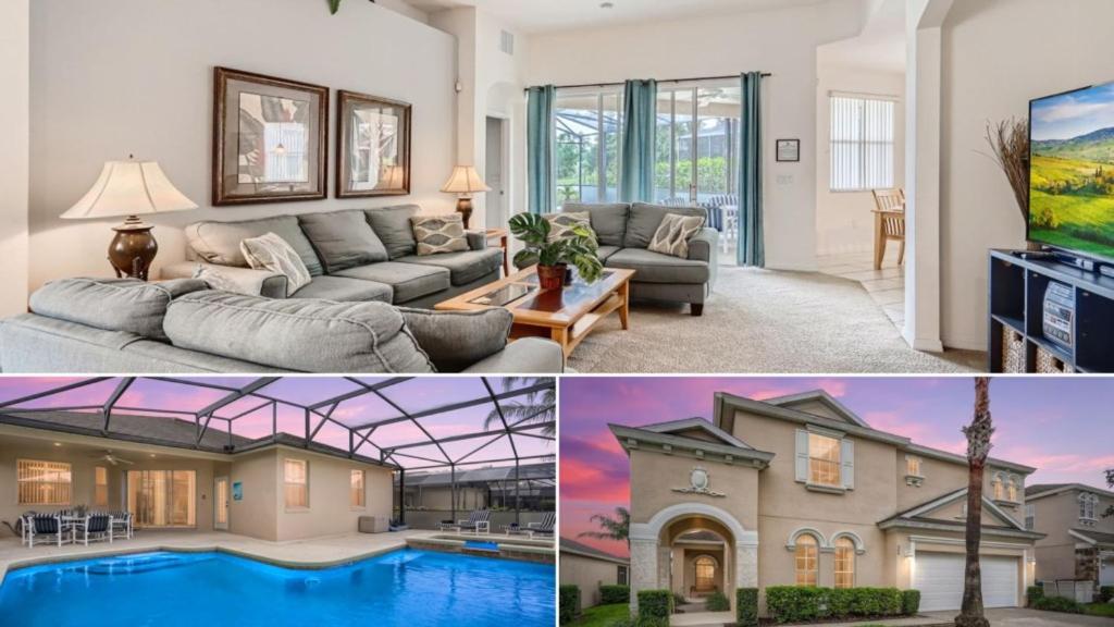 dos fotos de una sala de estar y una casa en 509pd- Perfect Pool Time Villa, en Haines City