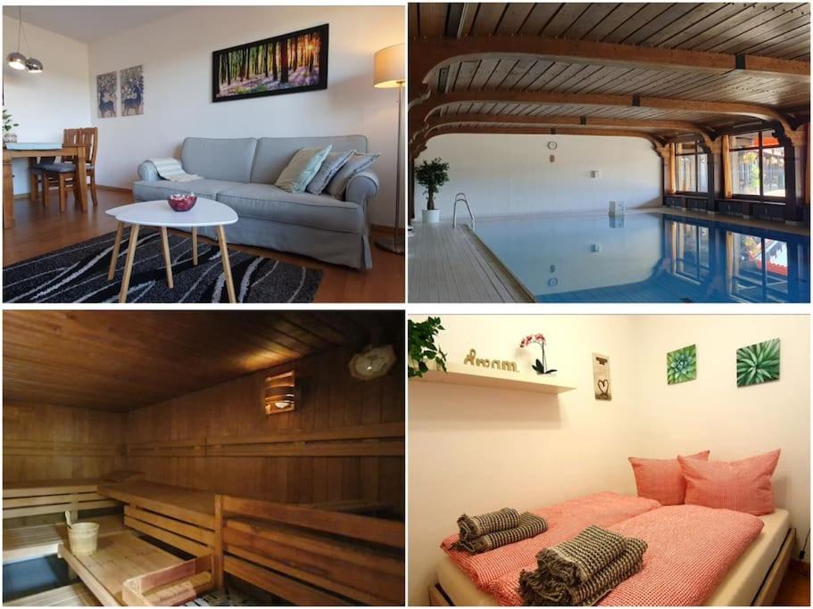 uma colagem de fotografias de uma sala de estar e de uma piscina em Black Forest Schwarzwaldliebe Pool Sauna Tennis Tischtennis Wifi Netflix Natur em Obertal