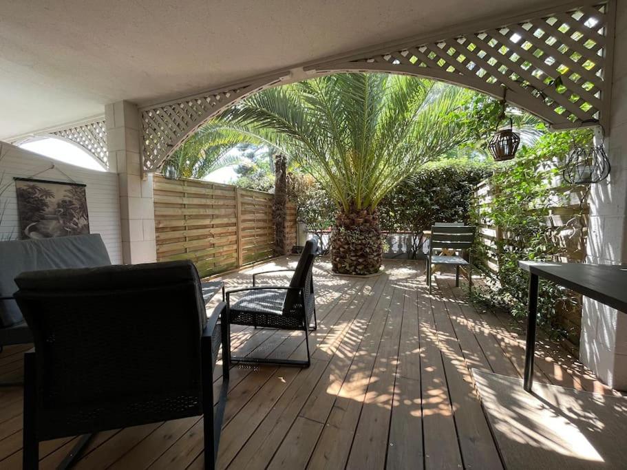 un patio con 2 sillas, una mesa y una palmera en La Palmeraie YourHostHelper, en Lanton