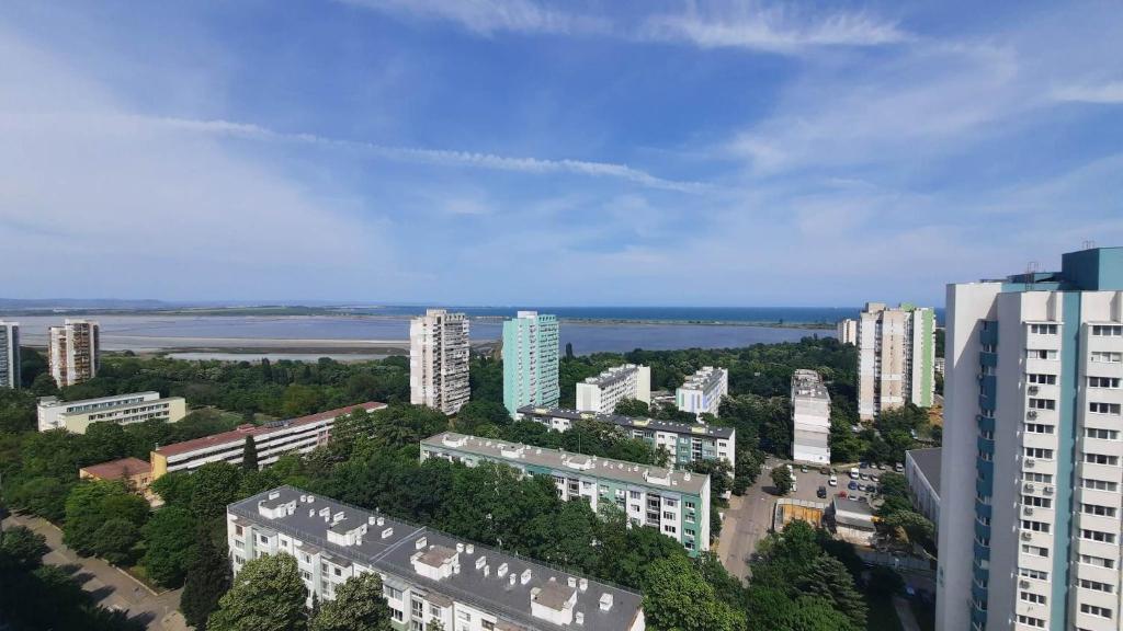 an aerial view of a city with tall buildings at Seaview Serenity Apartment in Burgas City