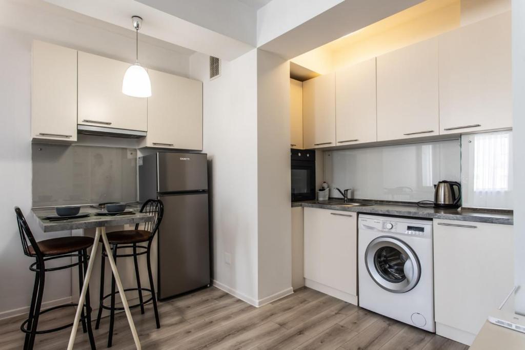a kitchen with white cabinets and a washer and dryer at Studio Dendrarium park in Chişinău