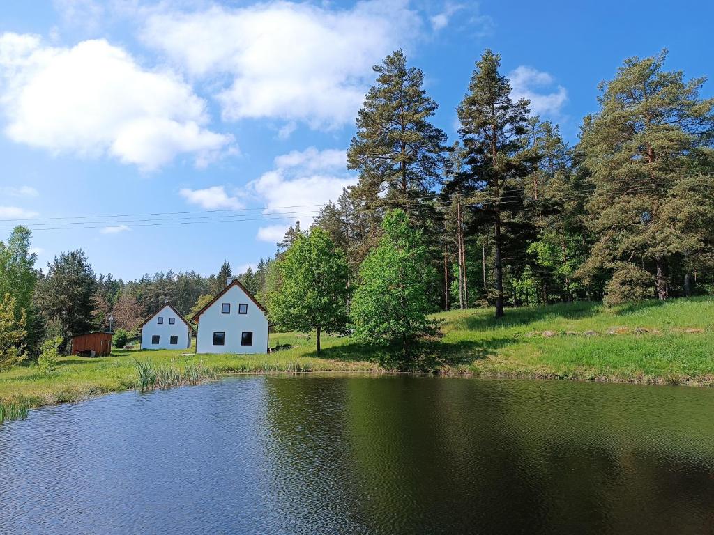 una casa blanca en una colina junto a un lago en Klidná lokalita Na kraji lesa, celý dům s úschovnu kol, en Nová Bystřice