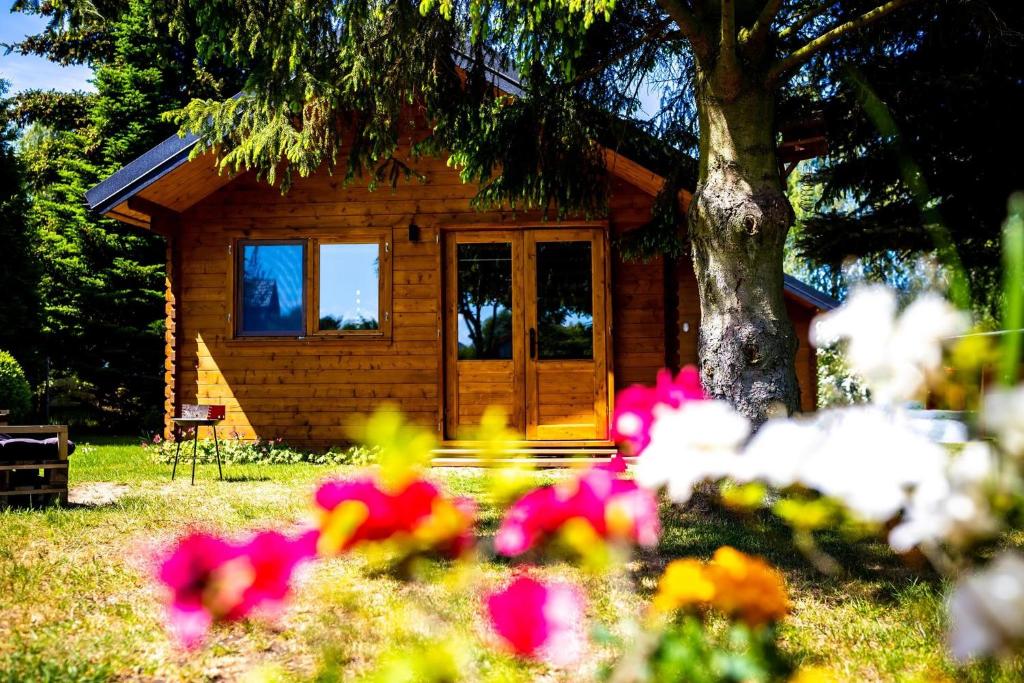 uma cabana de madeira com flores à frente em Domek Kamieński em Międzywodzie