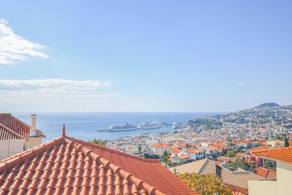 uitzicht op een stad met schepen in het water bij Solar da Rochinha Magnifico Apt 2 Quartos Funchal in Funchal