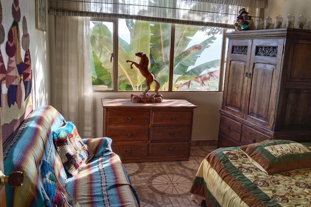 sypialnia z łóżkiem, komodą i oknem w obiekcie Casa en el aire, Finca el Paraíso w mieście La Selva
