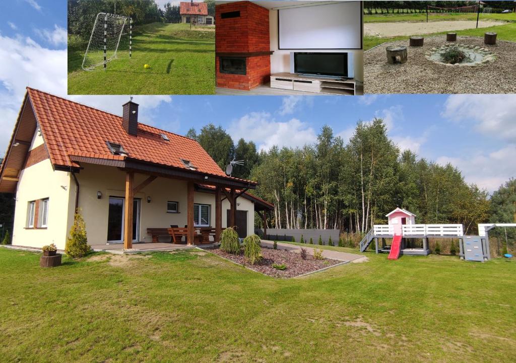 two pictures of a house and a yard at Villa Grunwald in Gierzwałd