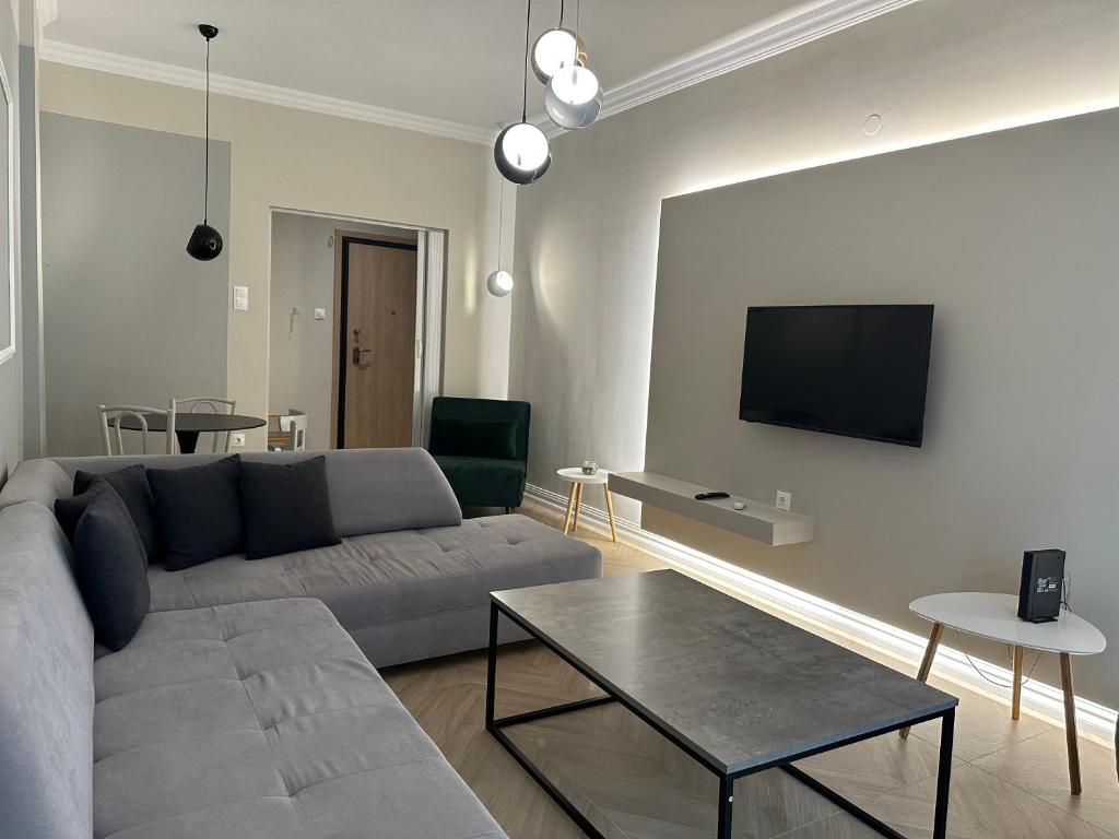 een woonkamer met een bank en een flatscreen-tv bij Apartment in the center of Agia Sophia in Thessaloniki
