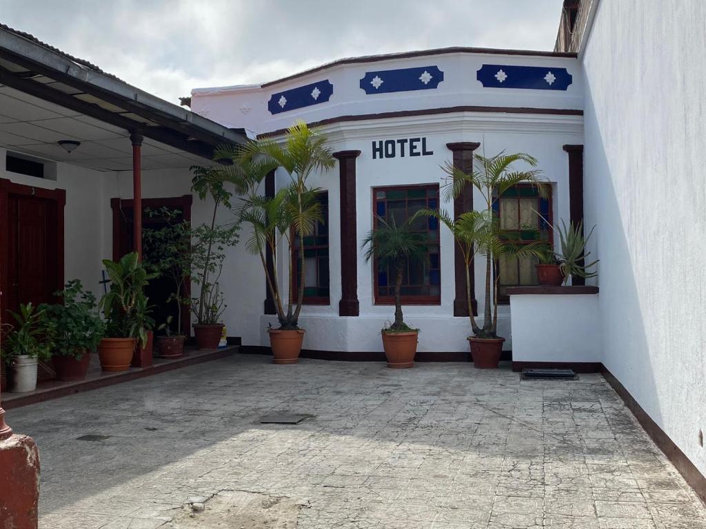 een hotel met potplanten voor een gebouw bij Hotel Malybu in Guatemala