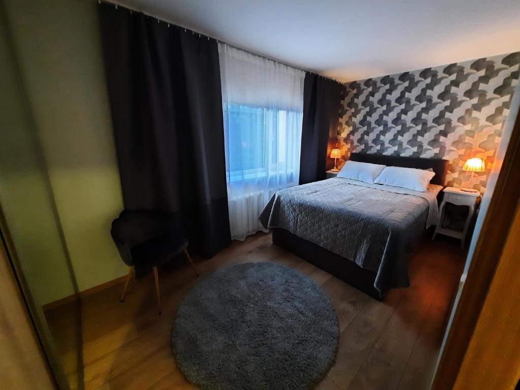 1 dormitorio con cama, ventana y alfombra en Centrum Bridge Apartment, en Pärnu