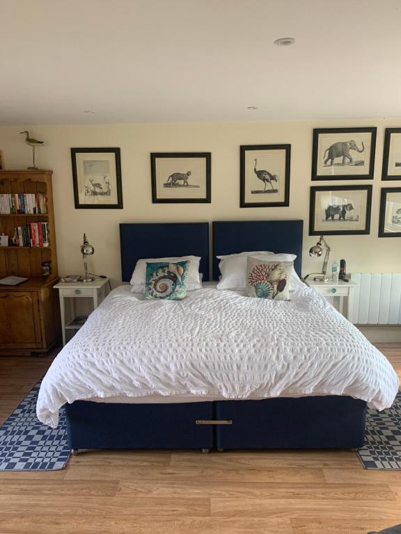 ein Schlafzimmer mit einem blauen Bett mit Kissen darauf in der Unterkunft Annexe Newnham in Daventry
