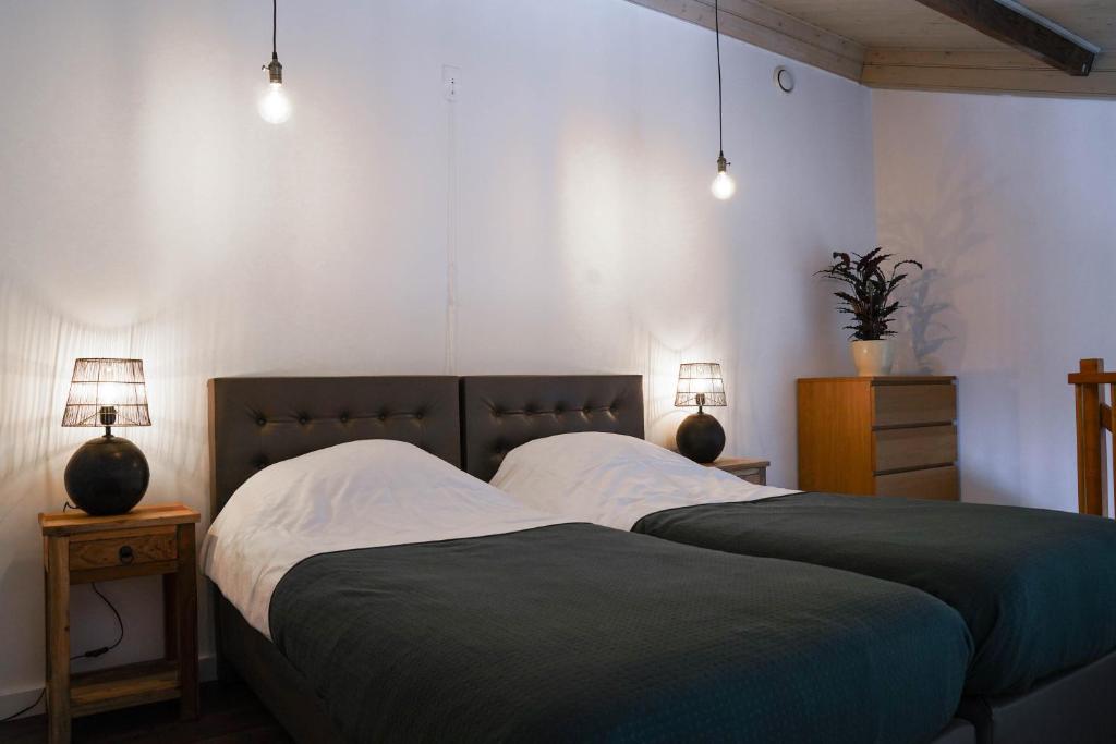 1 dormitorio con 2 camas y 2 lámparas en las mesas en Munnickenheide Buitengewoon Overnachten, en Terheijden